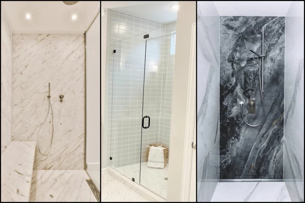 Trois styles différents de douche à l'italienne sur une seule et même image.